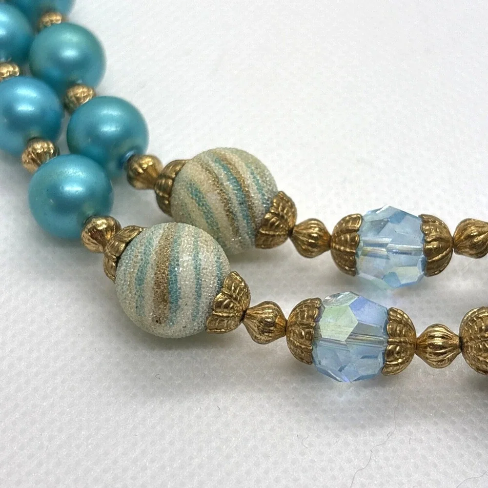 Vintage Aqua Blue Green Plastic Bead 2 Strand Tiered 16'' Necklace 1960s Retro‎